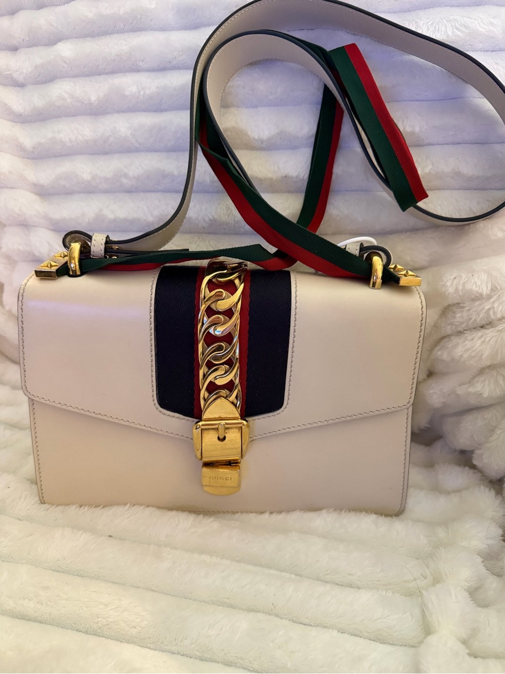 Gucci Small Sylvie Leather Shoulder Bag Off White Calfskin with Web Ribbon